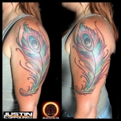 Peacock feather that I tattooed over @foolishpridetattoo in St Petersburg Florida using @heliostattoo needles #tattoosafterdark #justintattoo #tattooedwomen #tattooedgirls #tattooed #heliostattoo #heliosproteam